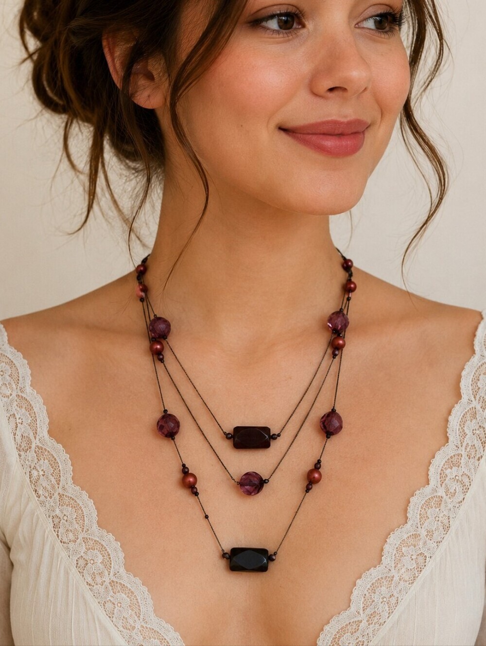 3/$30 VTG Gunmetal Floating Acrylic Beaded Layered Chain Station Necklace